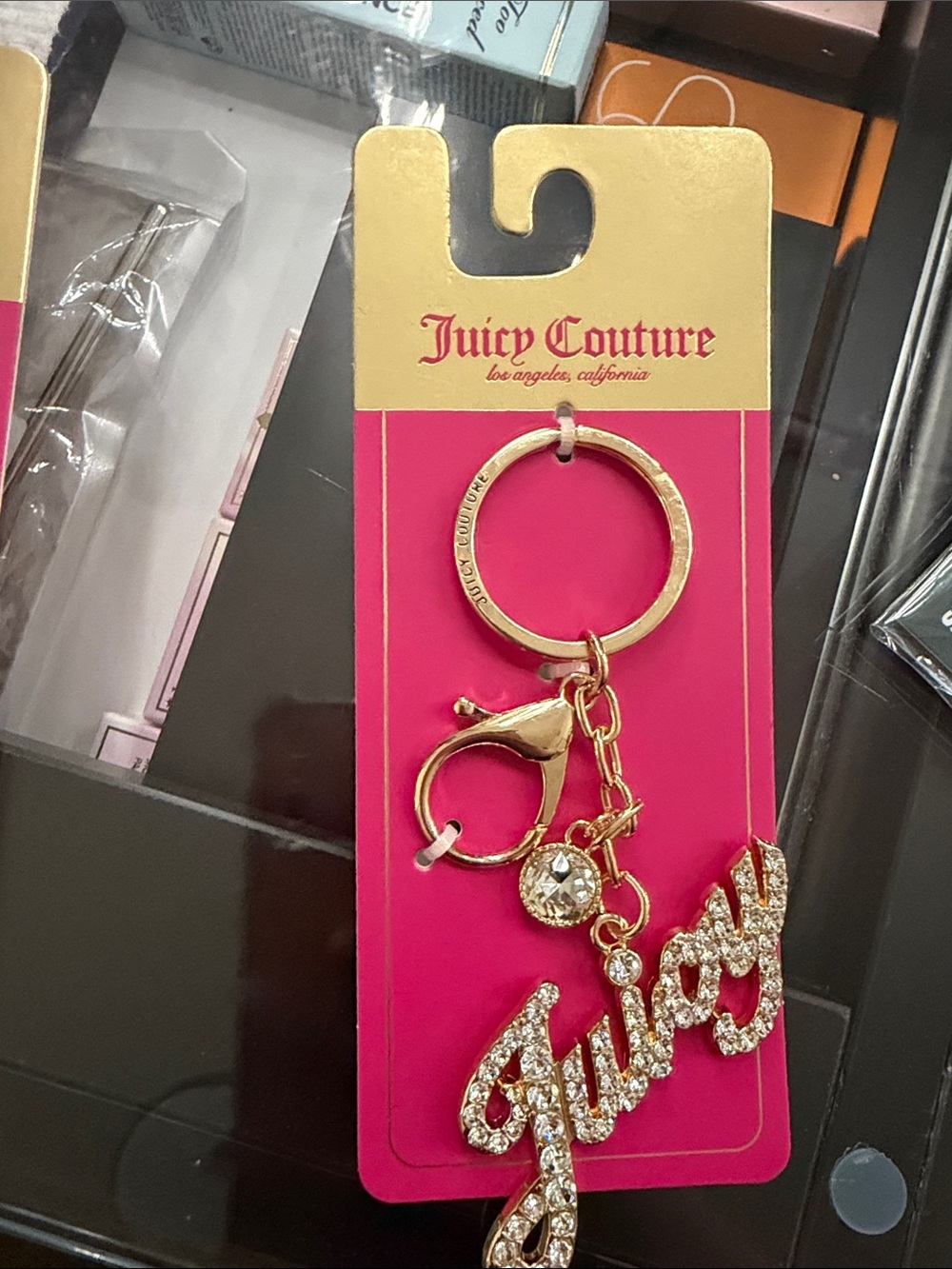 Juicy Couture Gold and Pink 'Juicy' Crystal Keychain